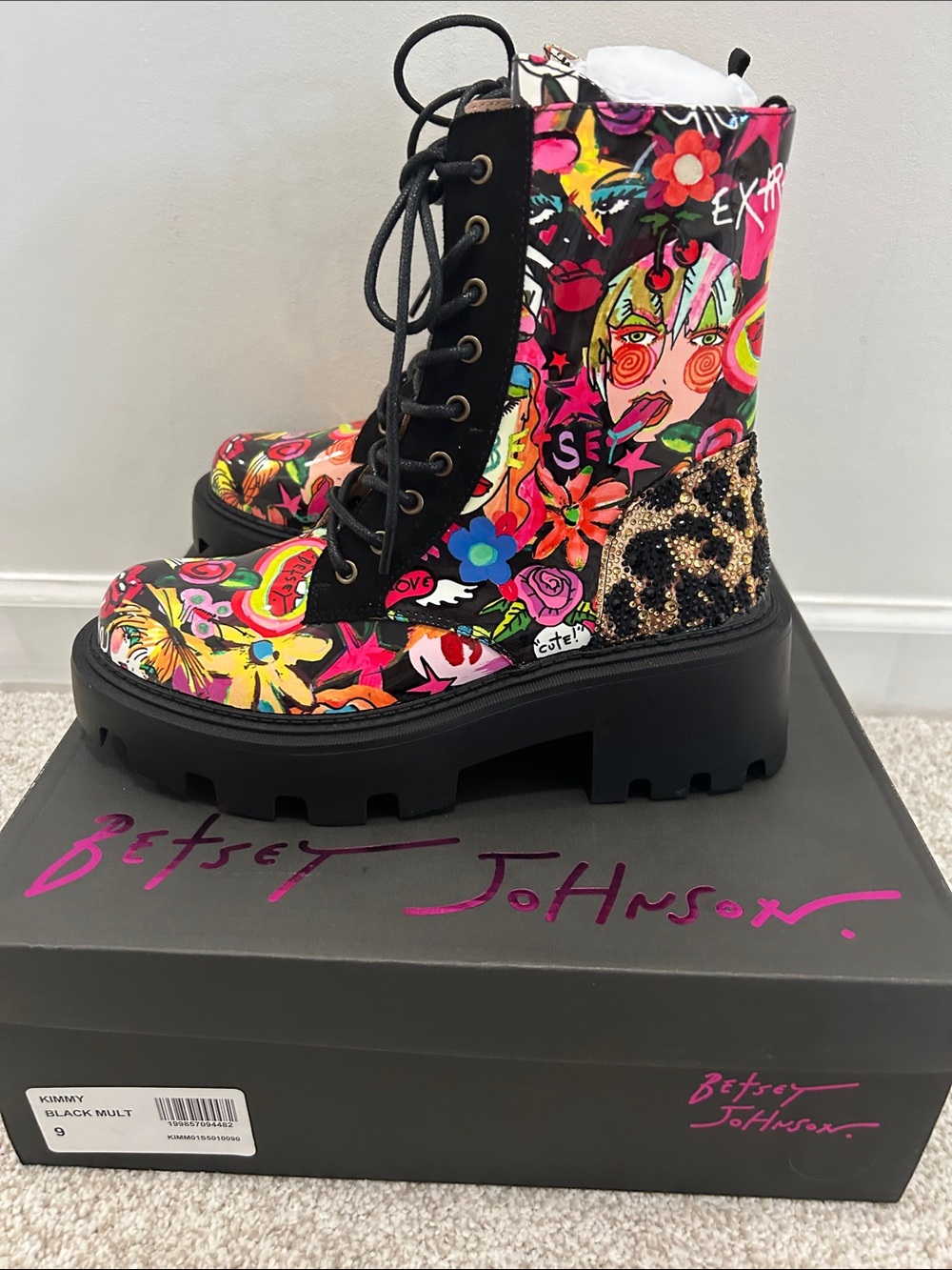 Betsey Johnson Kimmy Floral Combat Boots Sz 9